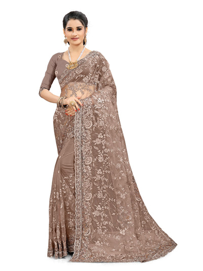 Net Brown Saree With Blouse