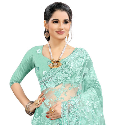 Net Sea Green Saree With Blouse