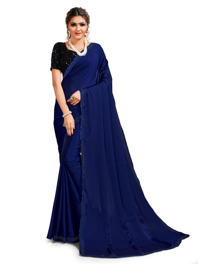 Pure Satin Royal Blue Saree With Blouse