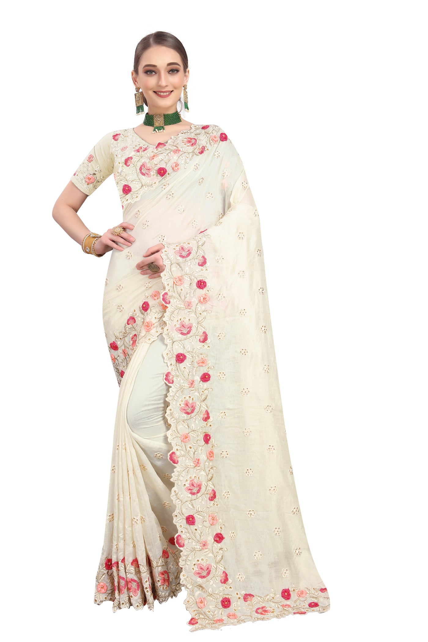 Vichitra Silk Off White Saree With Blouse