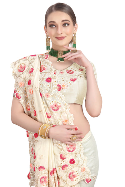 Vichitra Silk Off White Saree With Blouse