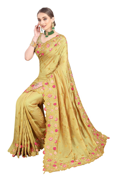 Vichitra Silk Yellow Saree With Blouse