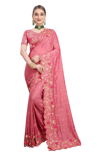 Vichitra Silk Pink Saree With Blouse