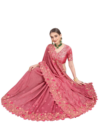 Vichitra Silk Pink Saree With Blouse