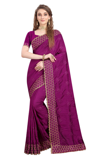 Vichitra Silk Violet Saree With Blouse