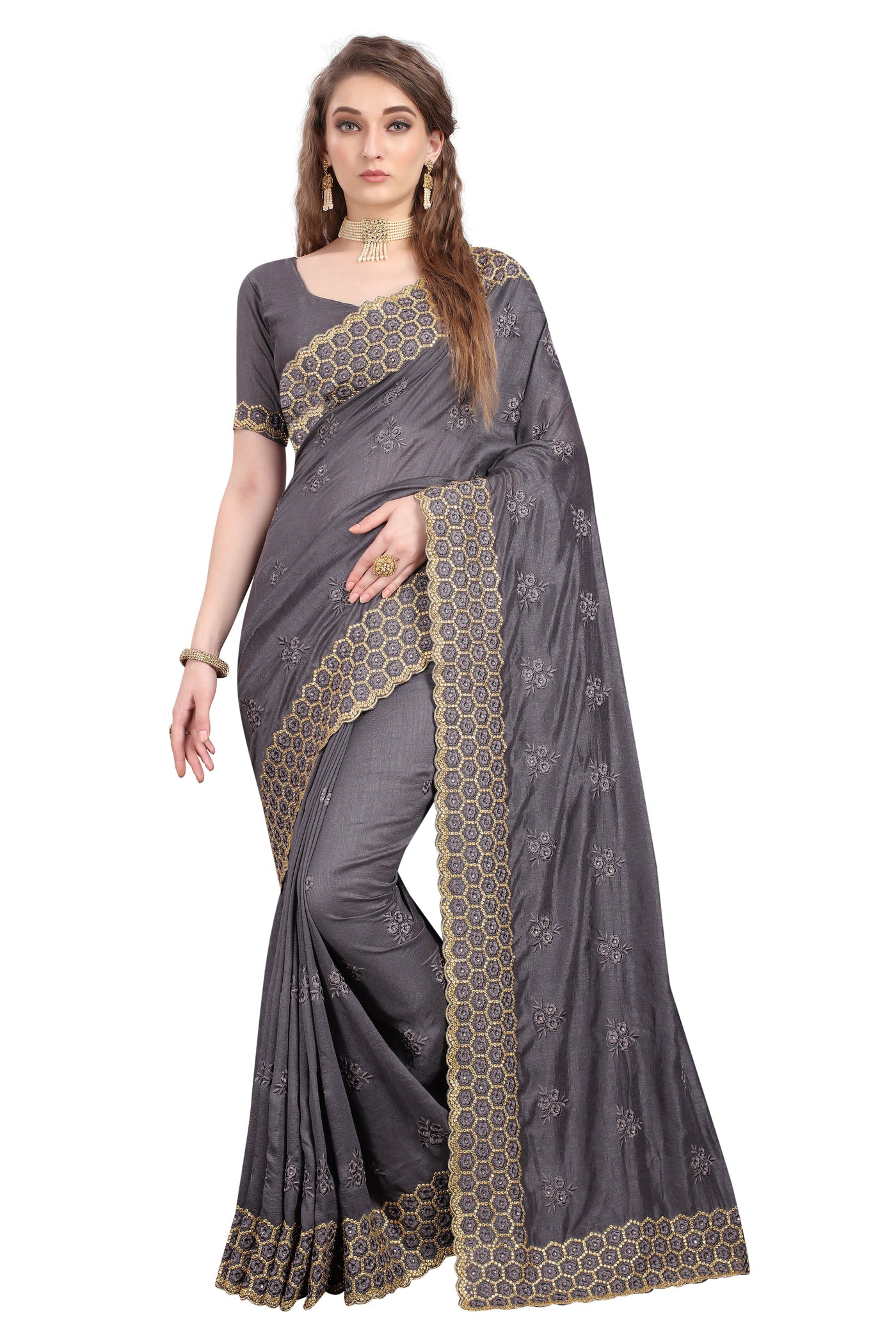 Vichitra Silk Grey Saree With Blouse