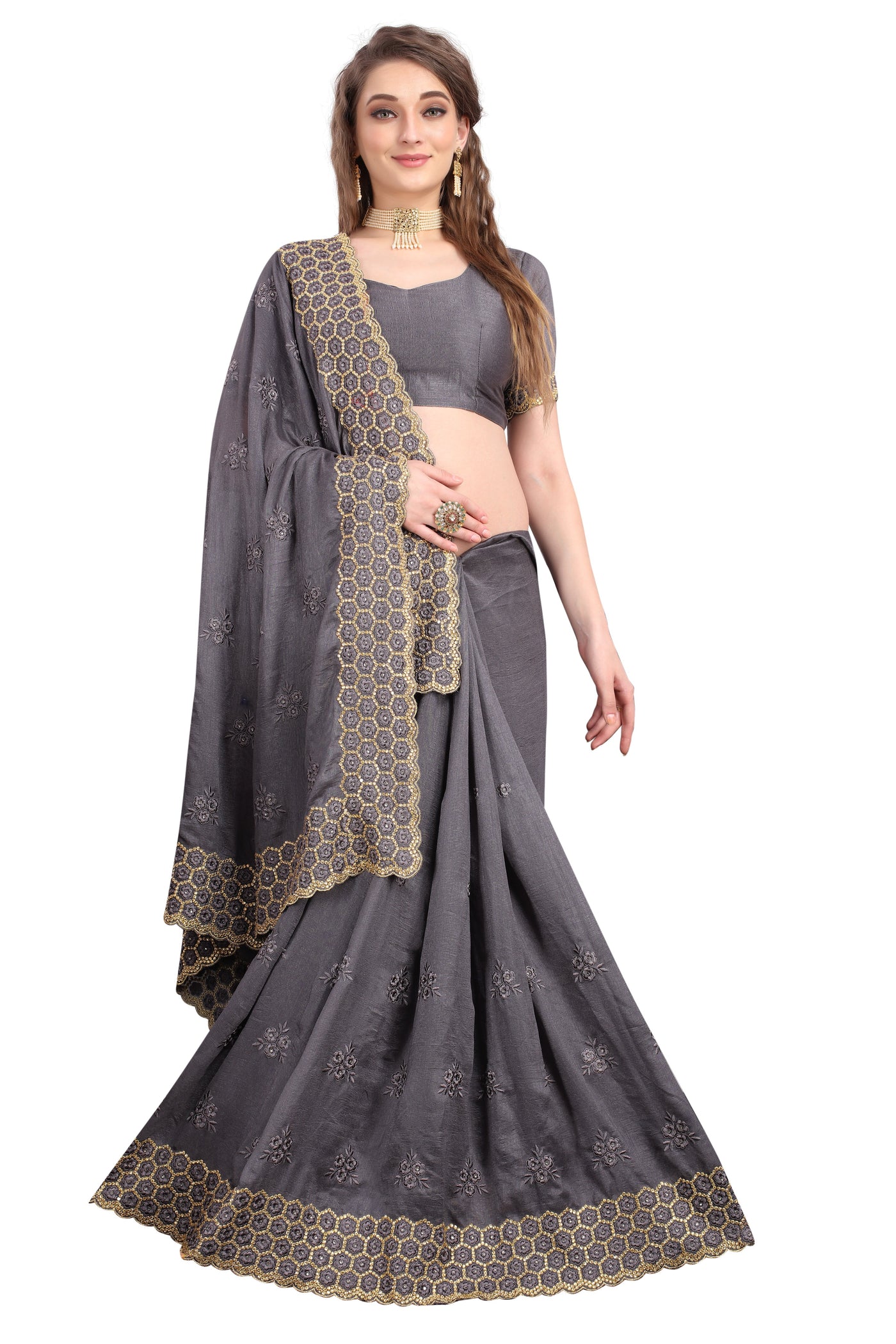 Vichitra Silk Grey Saree With Blouse