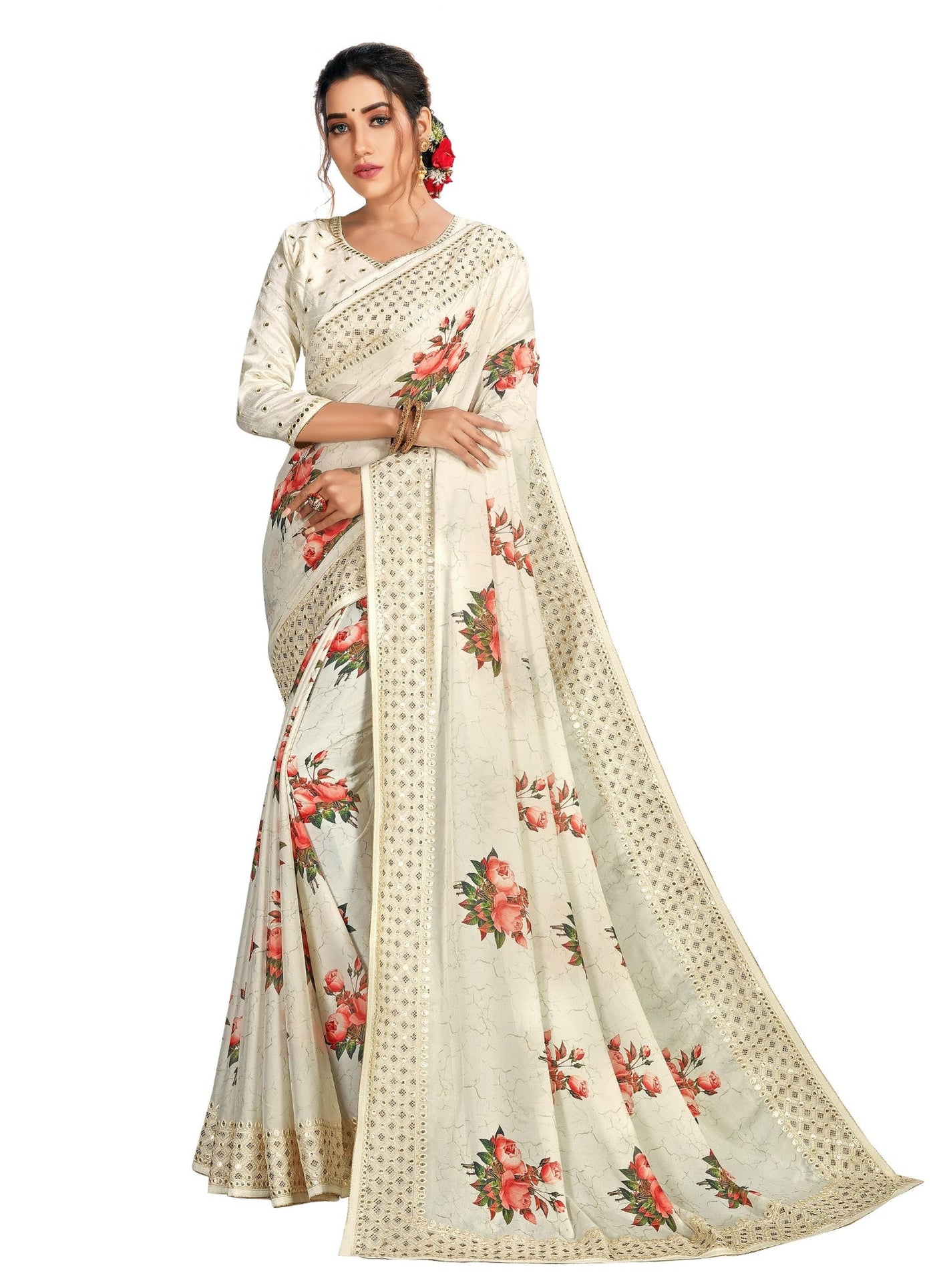 Pure Satin Off White Saree With Blouse