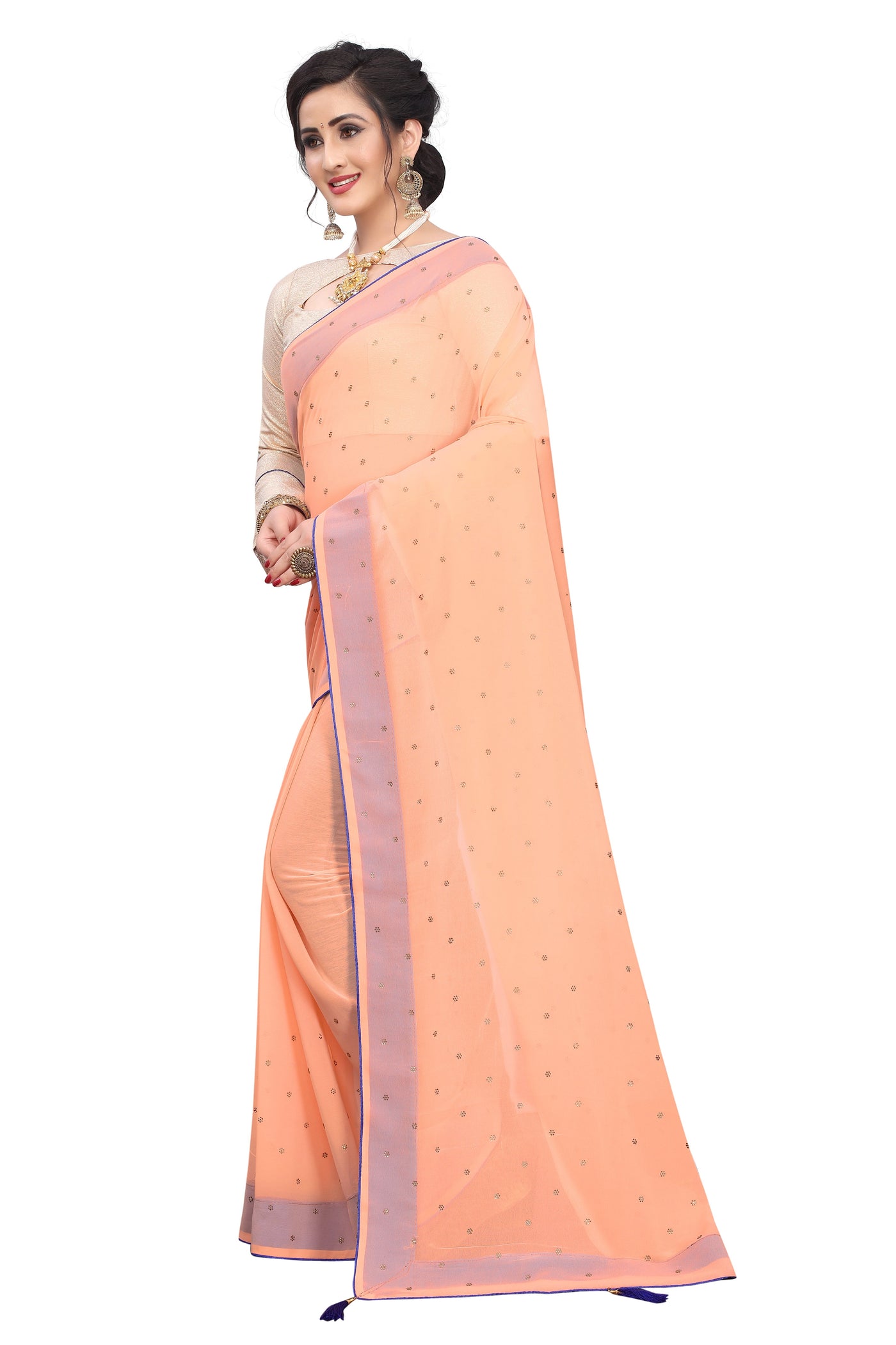 Georgette Satin Peach Saree With Blouse