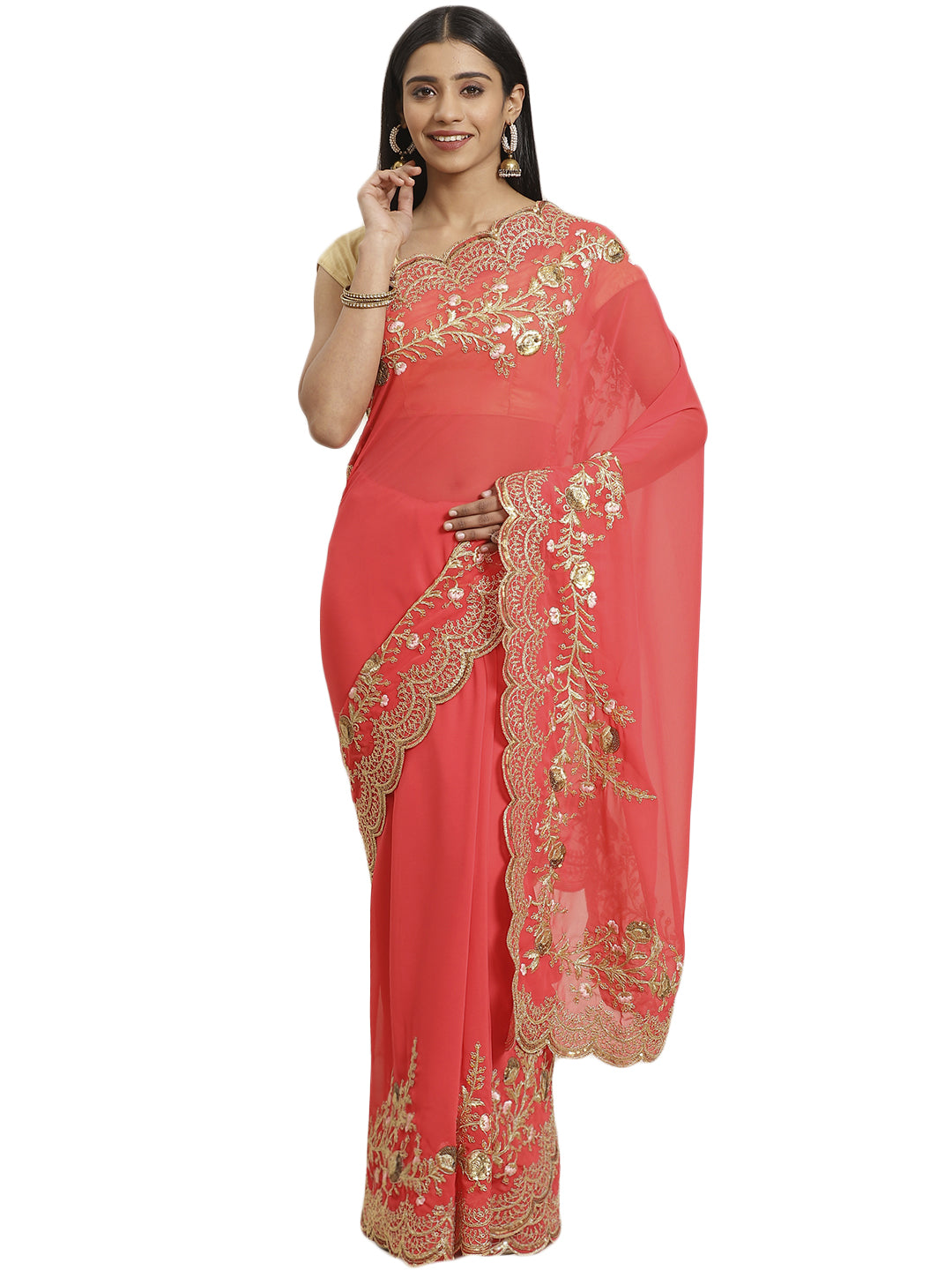 Poly Georgette Embroidery Flower Work Peach Saree