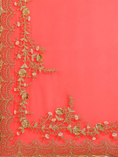 Poly Georgette Embroidery Flower Work Peach Saree
