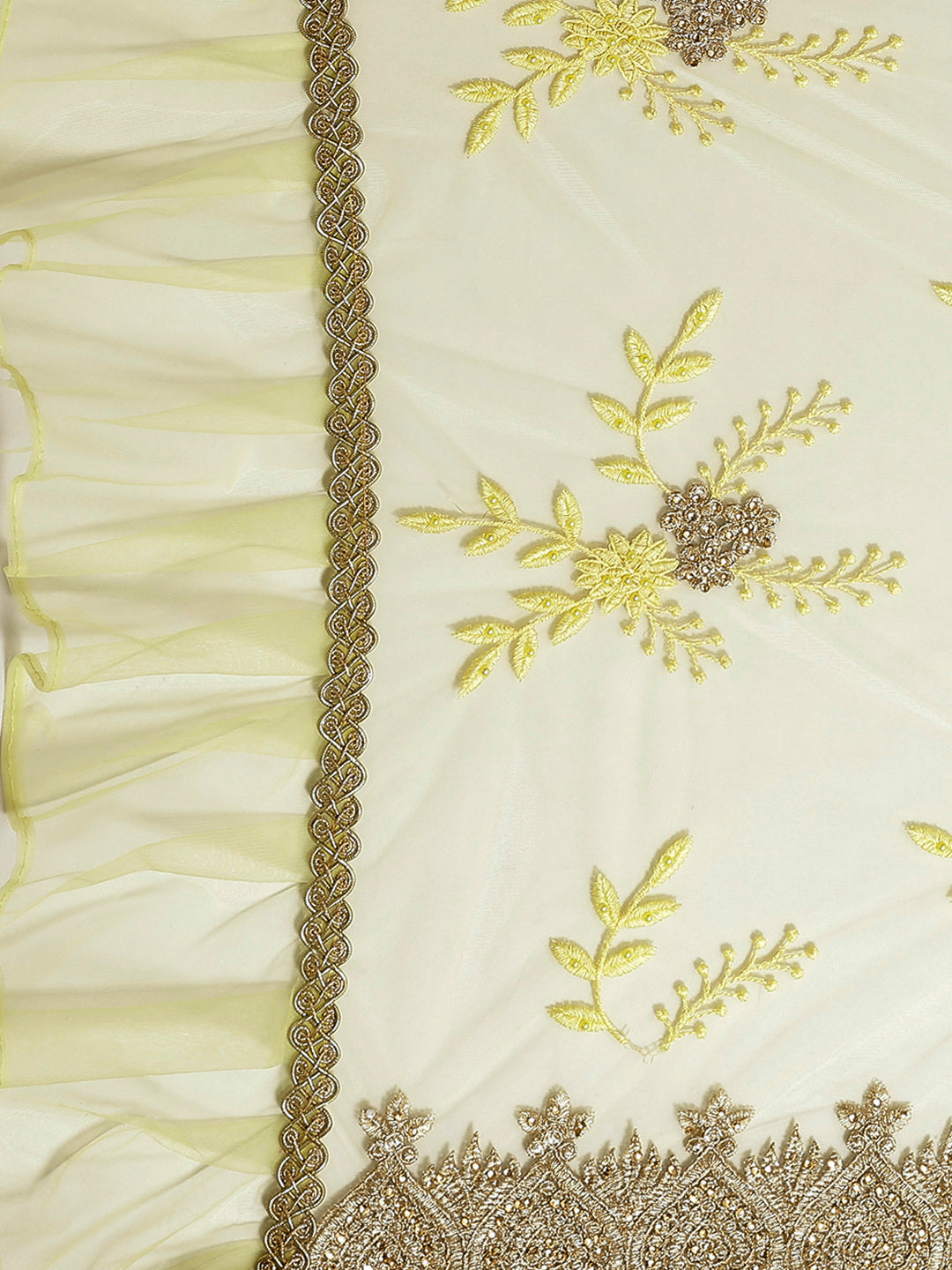 Net Embroidery Flower Work Yellow Saree