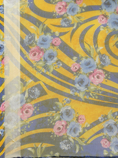Organza Floral Print Yellow Saree