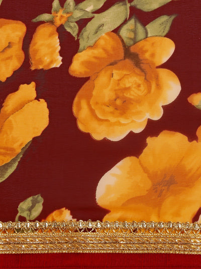 Georgette Floral Print Mustard Saree
