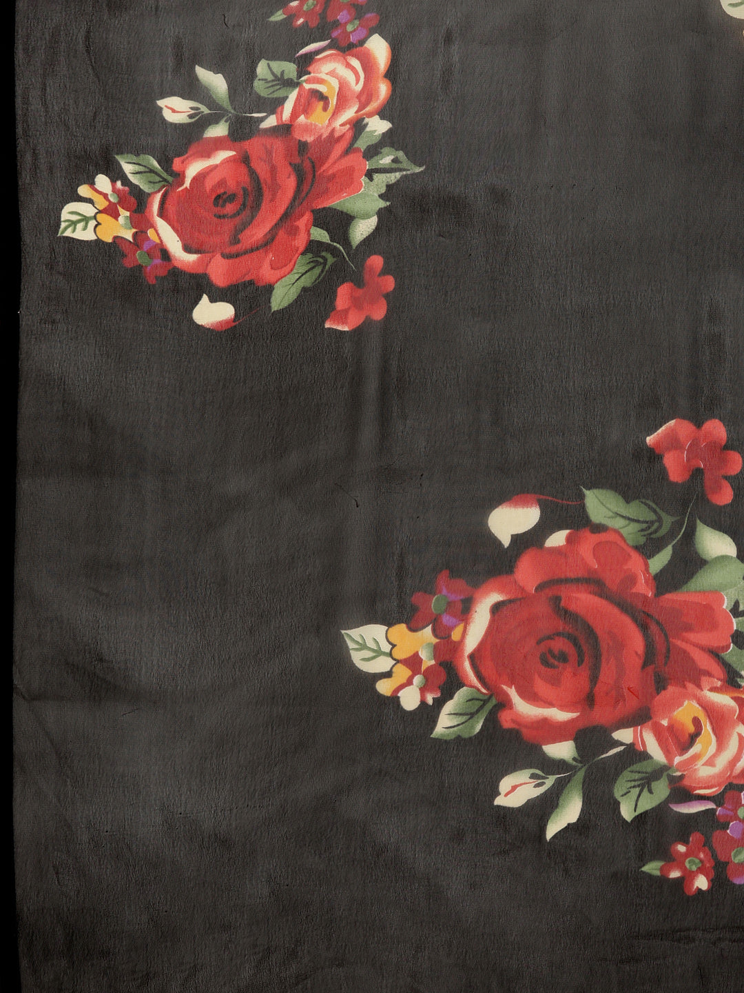 Crepe Floral Print Black Saree