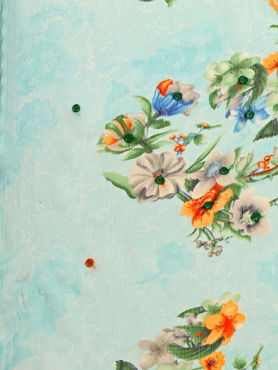 Chiffon Floral Print Blue Saree
