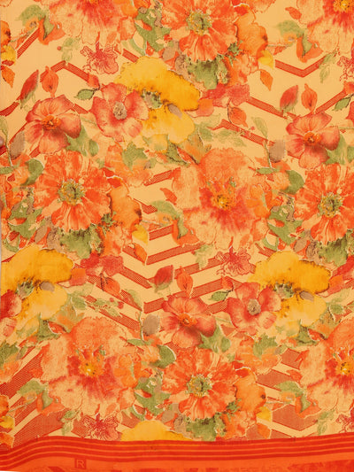 Satin Floral Print Orange Saree