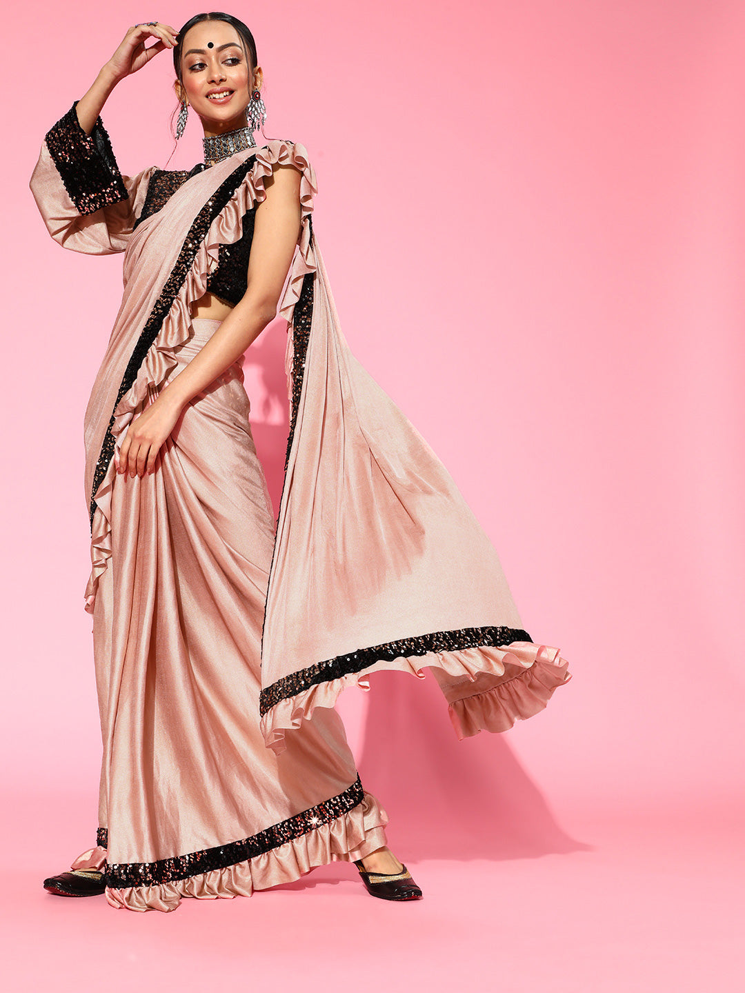 Polyester Solid Peach Saree