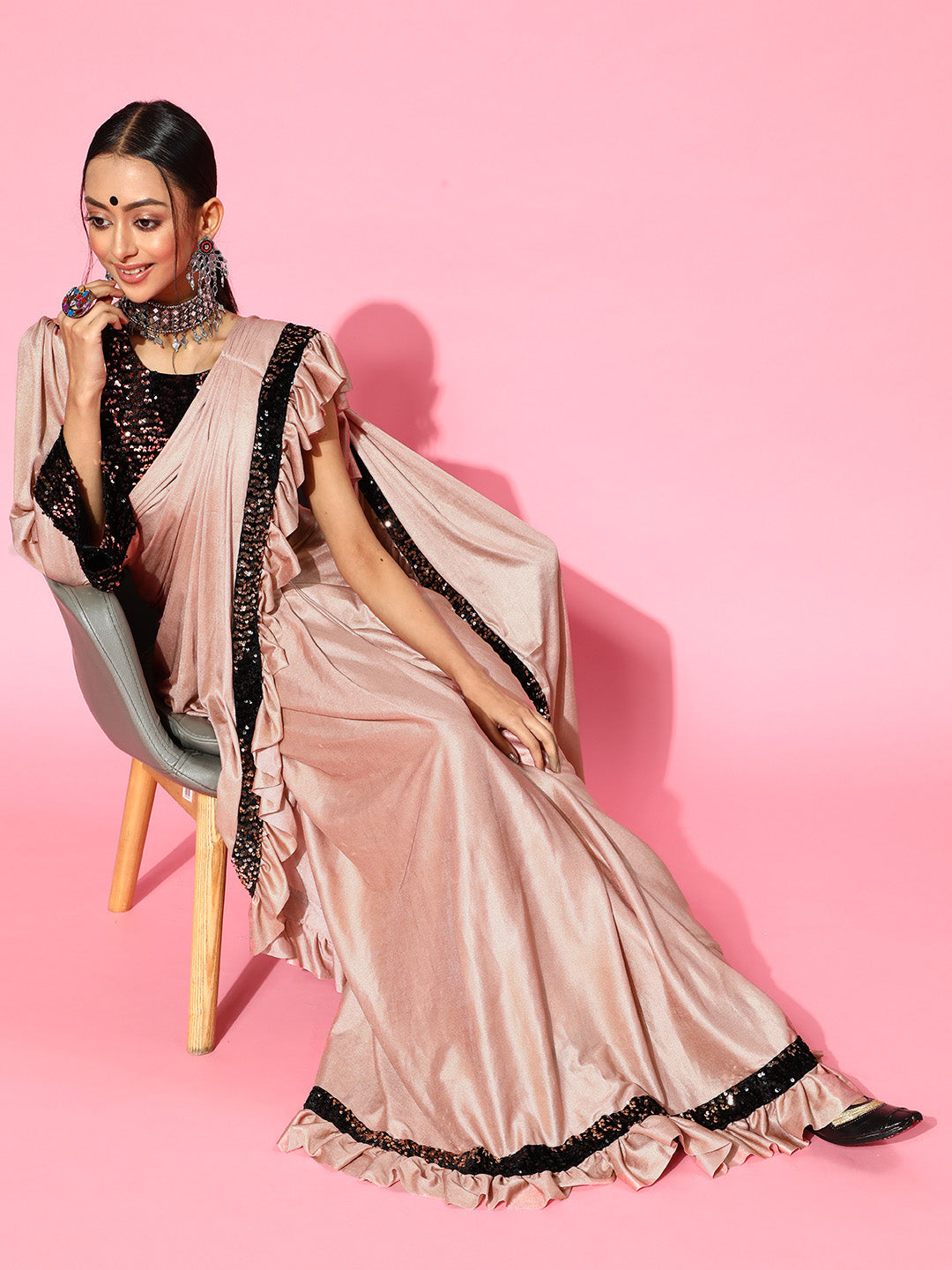 Polyester Solid Peach Saree