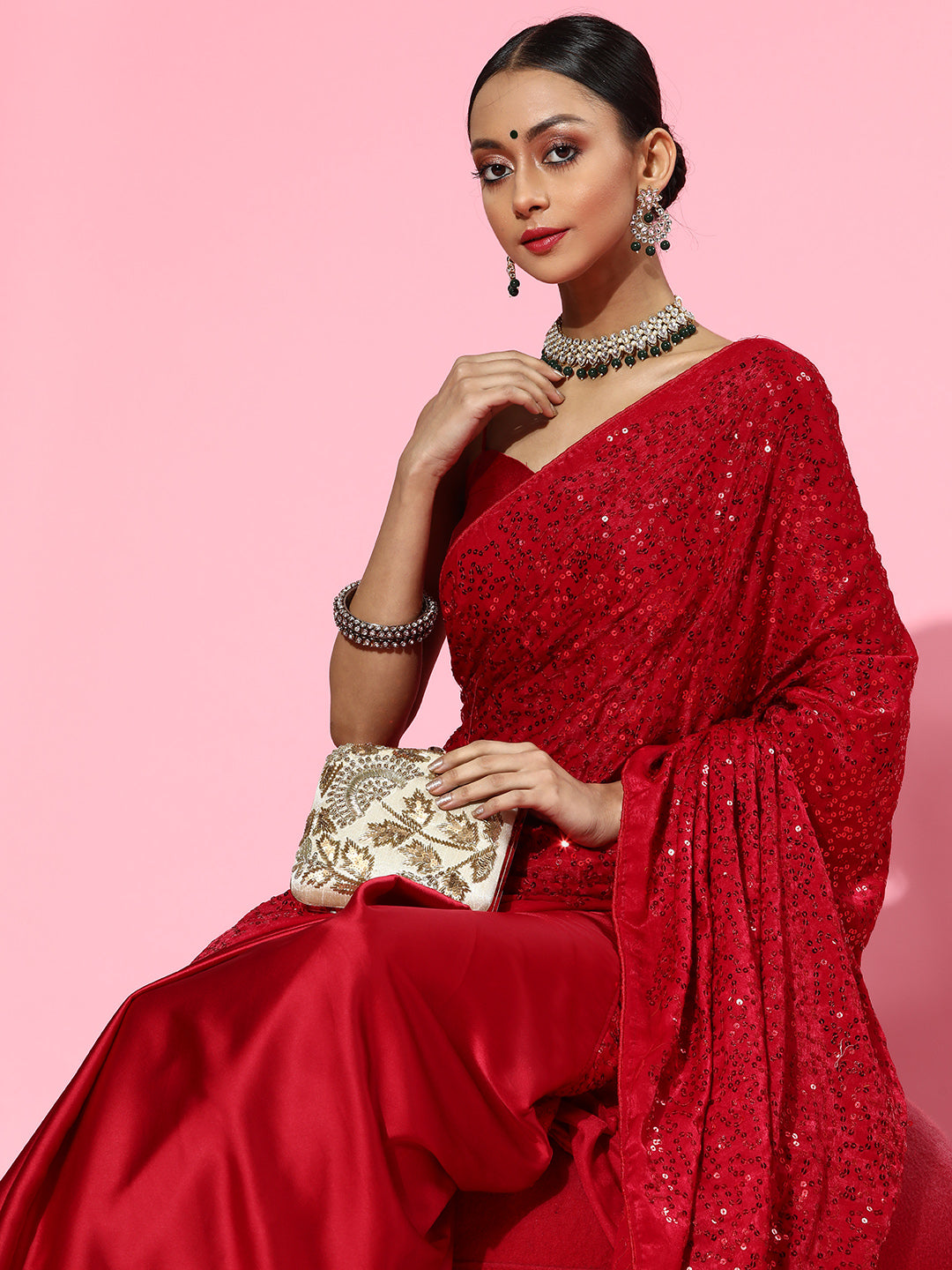 Velvet Embellished Red Saree