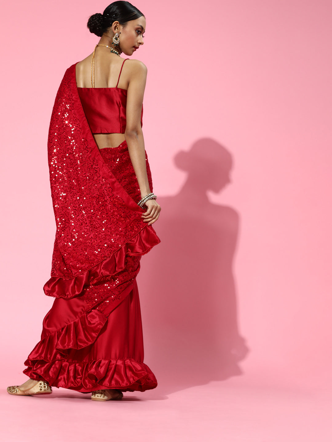Velvet Embellished Red Saree