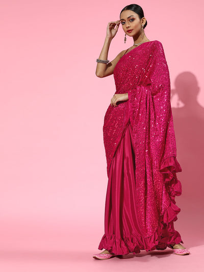 Velvet Embellished Pink Saree