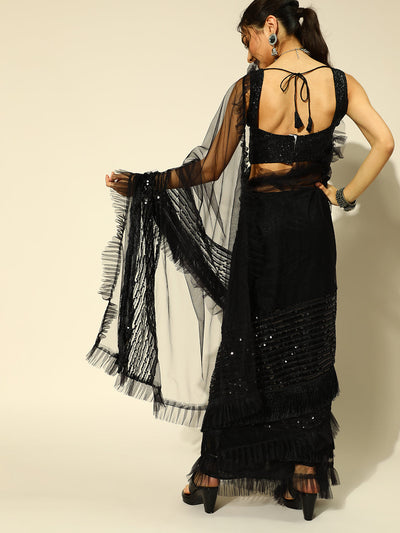 Net Embellished Black Saree