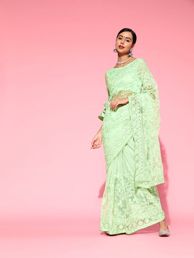 Net Embellished Green Saree