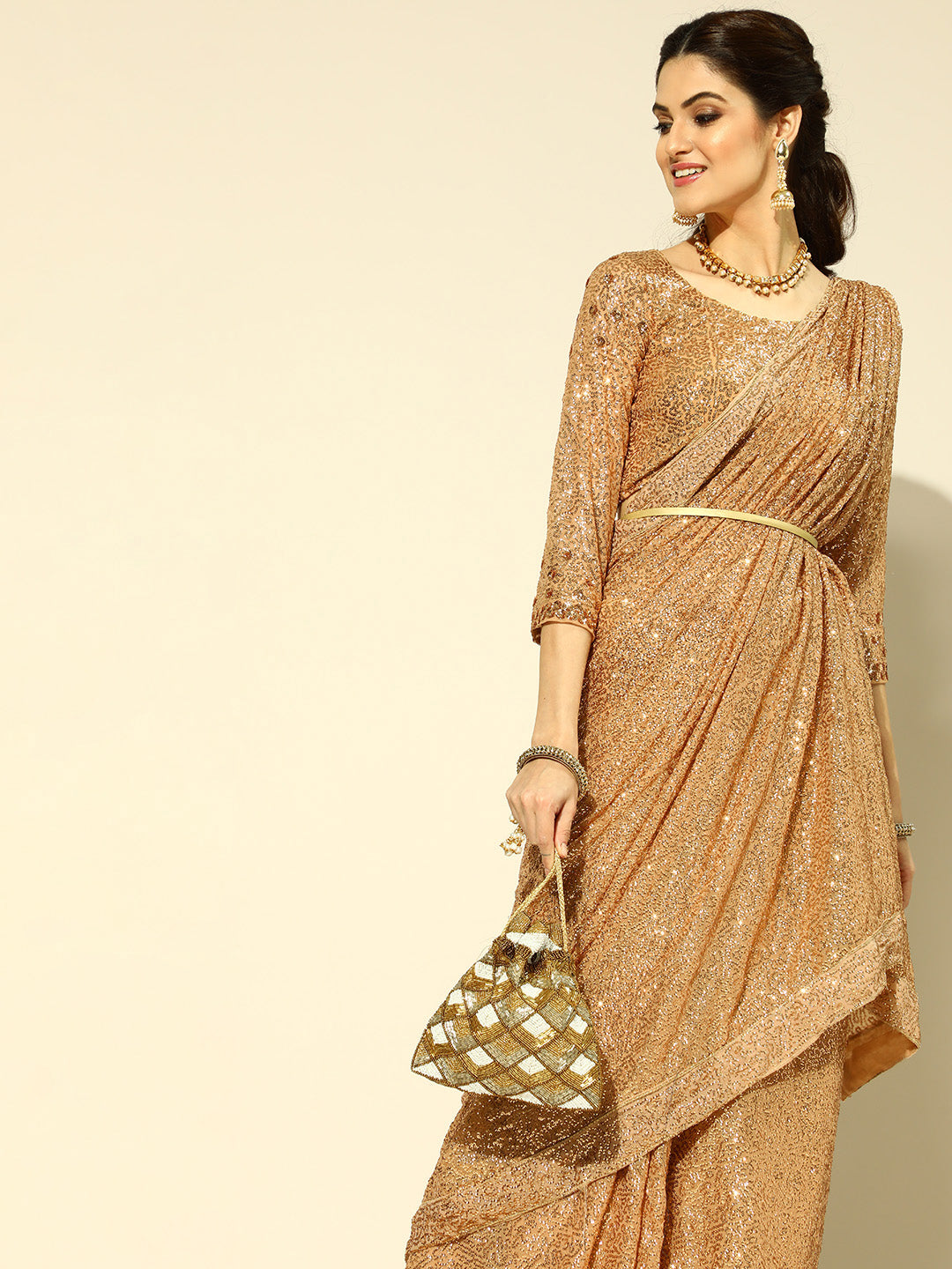 Art Silk Embellished Brown Saree