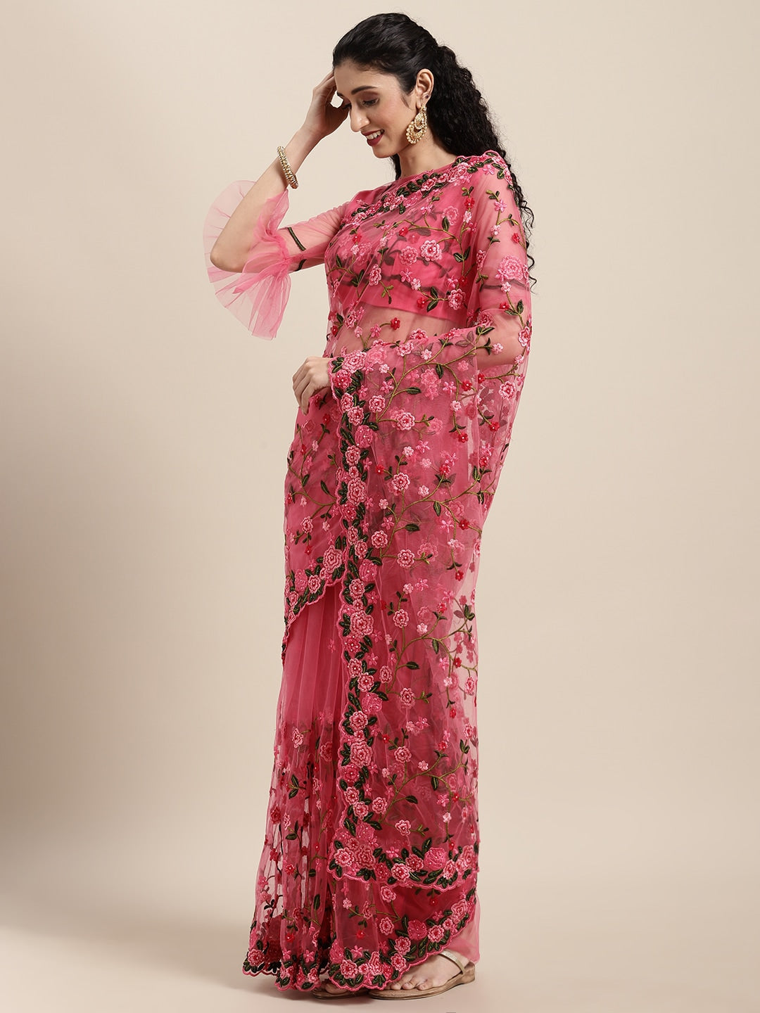 Net Embroidery Pink Saree