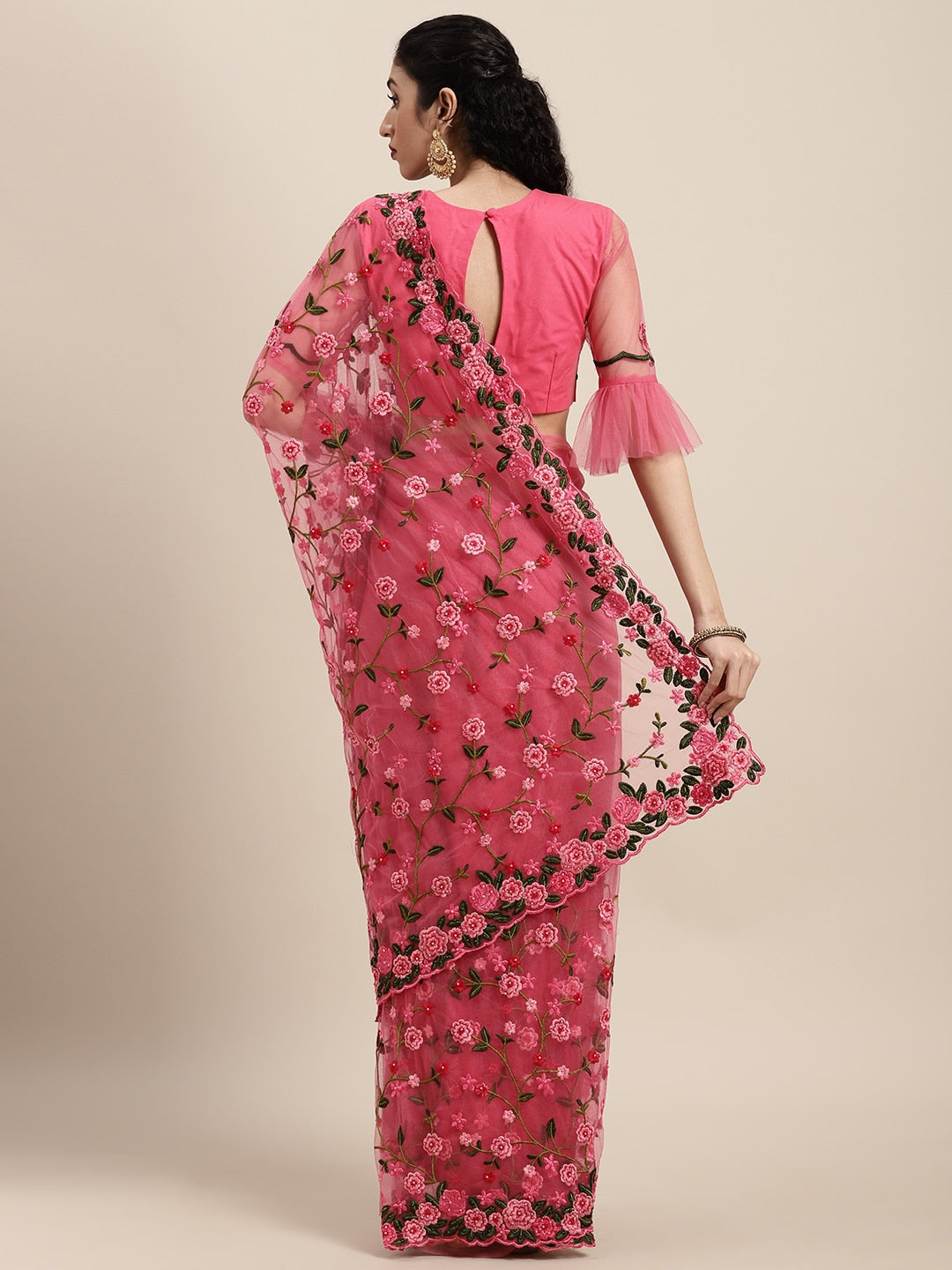 Net Embroidery Pink Saree
