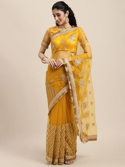 Net Embroidery Yellow Saree