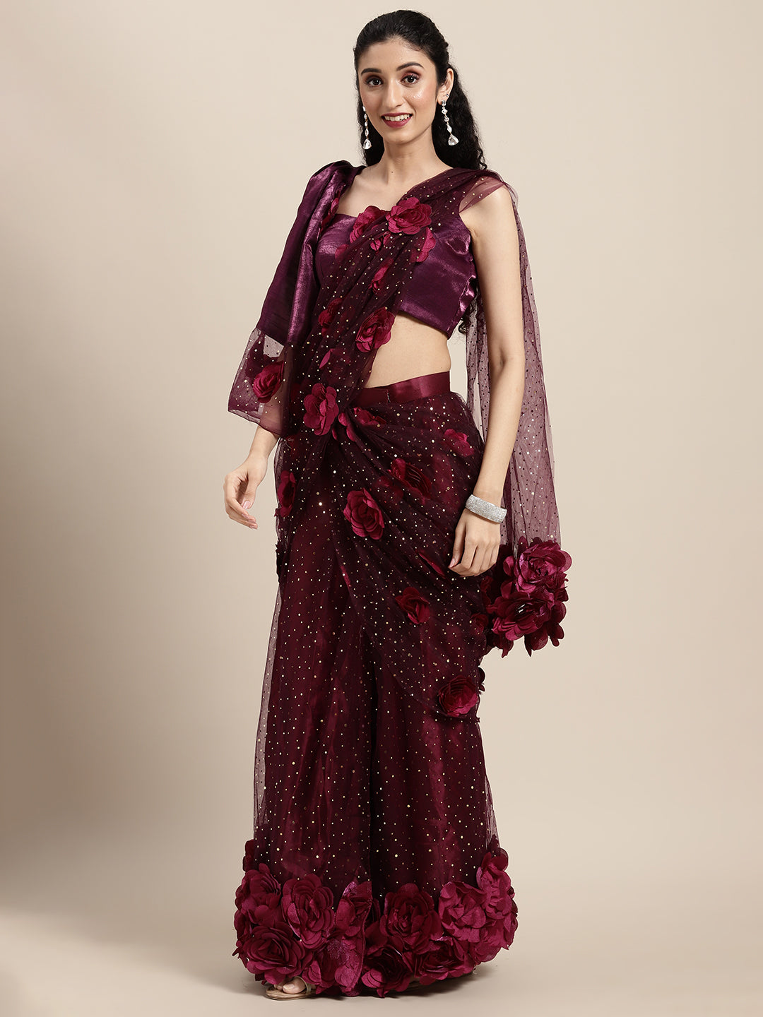 Net Sequence Wine Color Saree