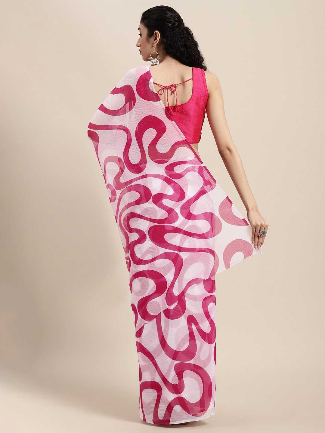 Poly Georgette Printed Pink & White Saree