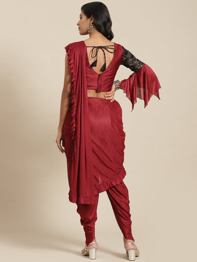 Polyester Solid Maroon Saree