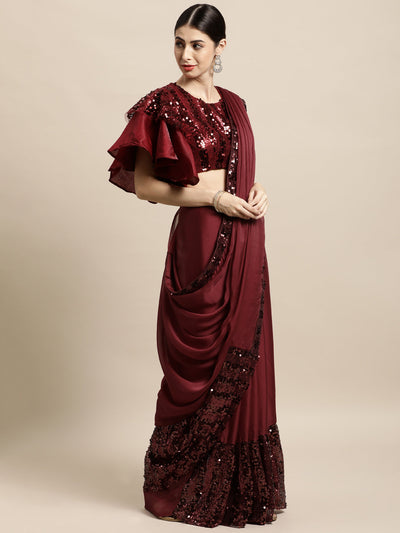 Polyester Sequence Maroon Saree