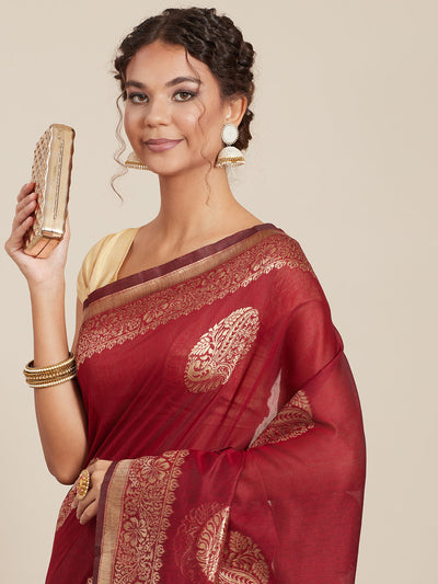 Maroon Linen Woven Design Saree With Blouse