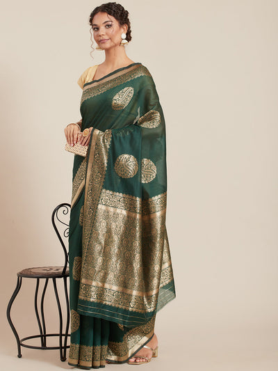 Green Linen Woven Design Saree With Blouse