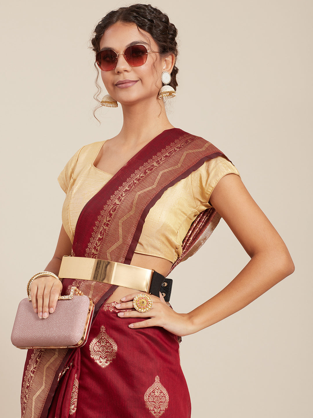 Maroon Cotton Blend Woven Design Saree With Blouse