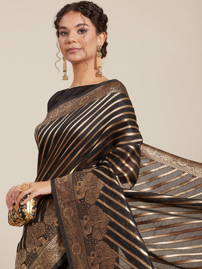 Black Linen Woven Design Saree With Blouse