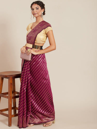 Magenta Linen Woven Design Saree With Blouse