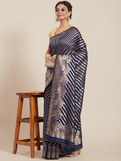 Navy Blue Linen Woven Design Saree With Blouse
