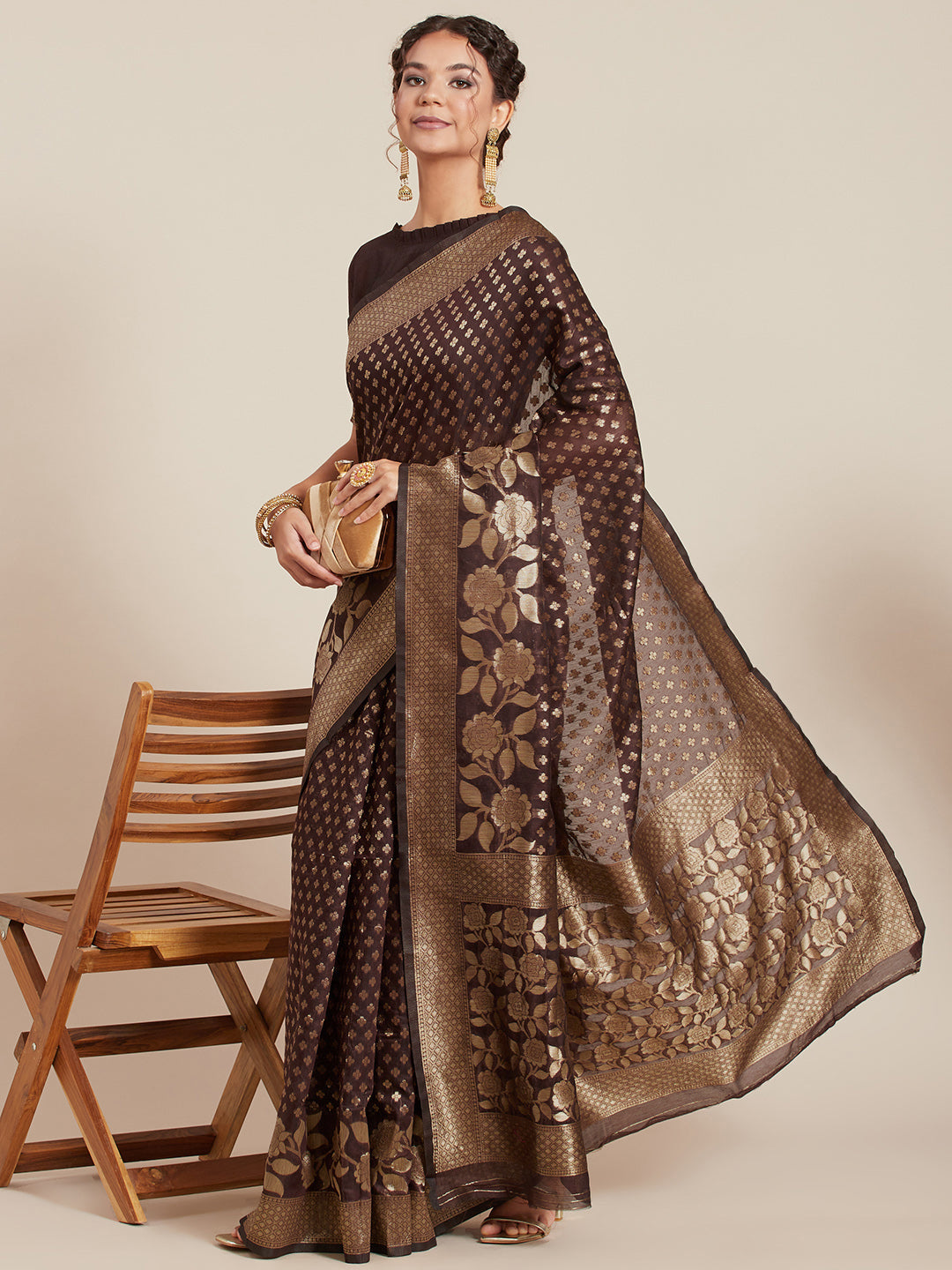 Brown Cotton Blend Woven Design Saree With Blouse