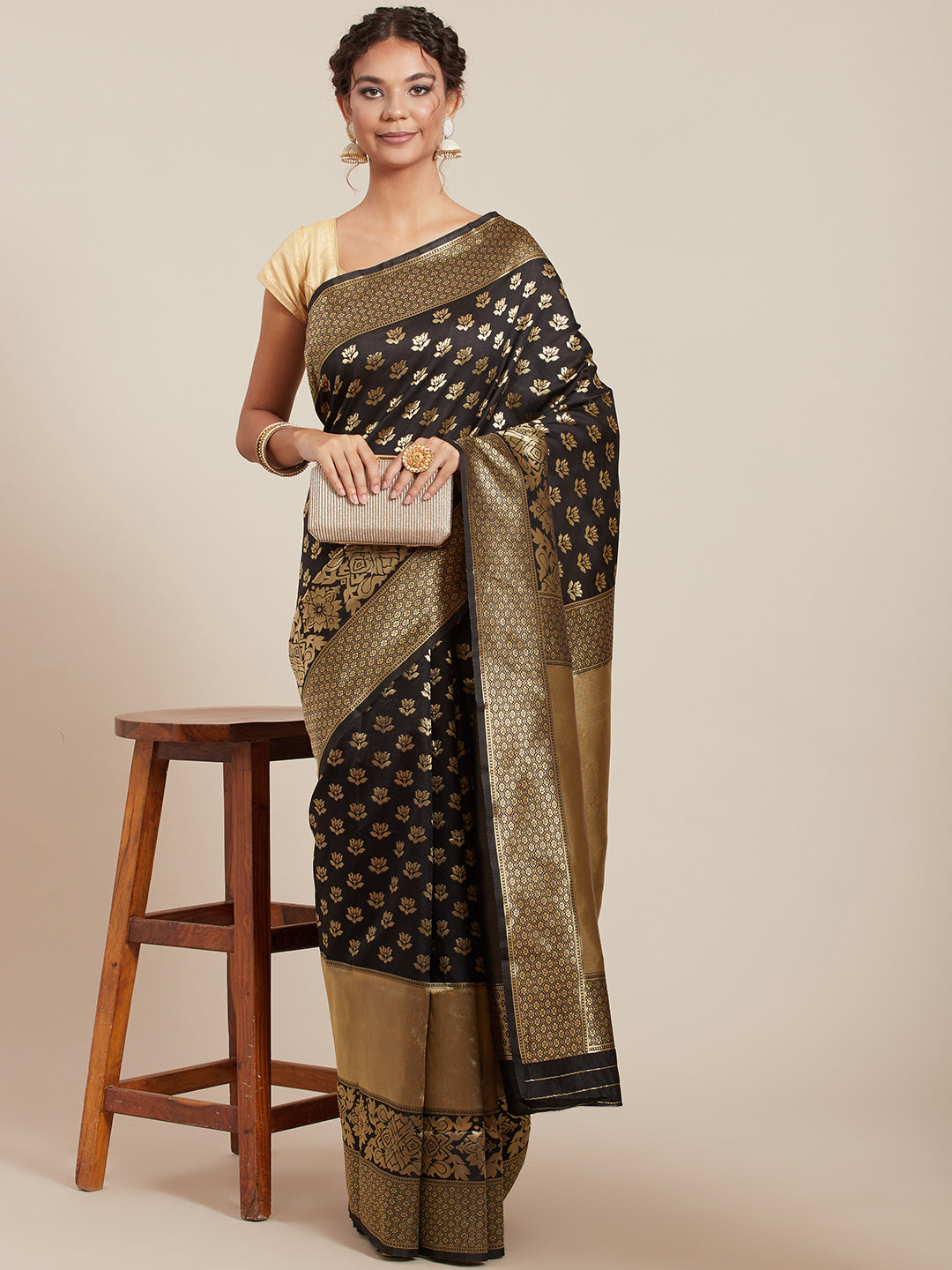 Black Art Silk Woven Design Saree With Blouse