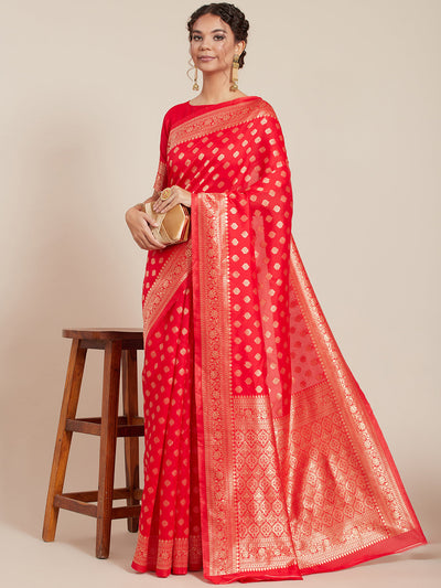 Red Art Silk Woven Design Saree With Blouse