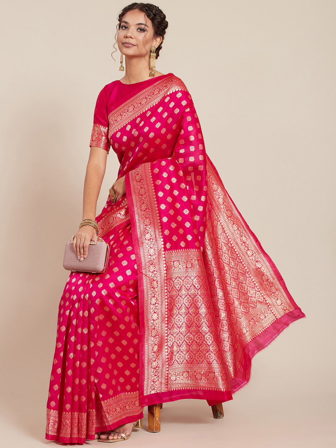 Pink Art Silk Woven Design Saree With Blouse