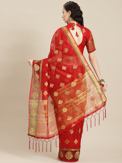 Red Organza Woven Design Saree With Blouse