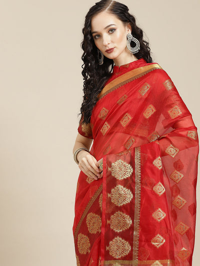 Red Organza Woven Design Saree With Blouse