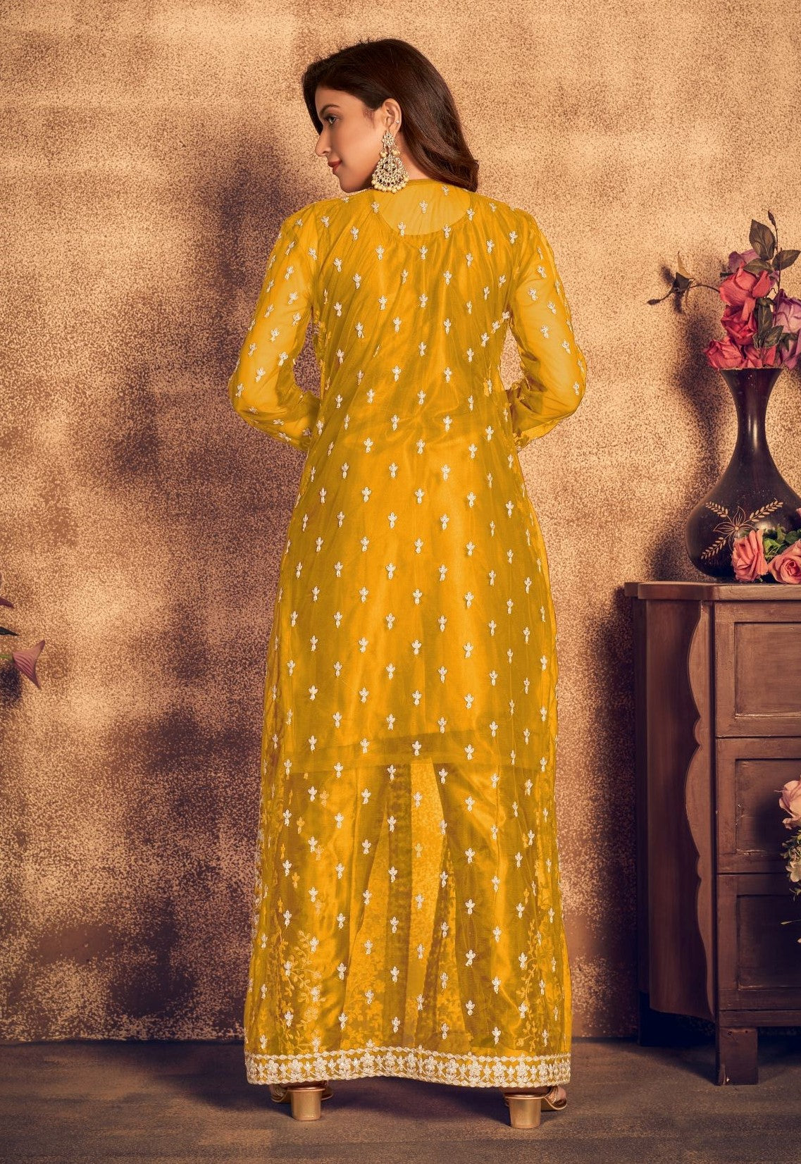 Net Embroidered Yellow Salwar Suit