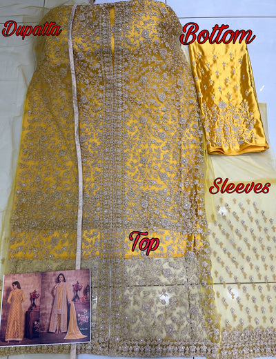 Net Embroidered Yellow Salwar Suit